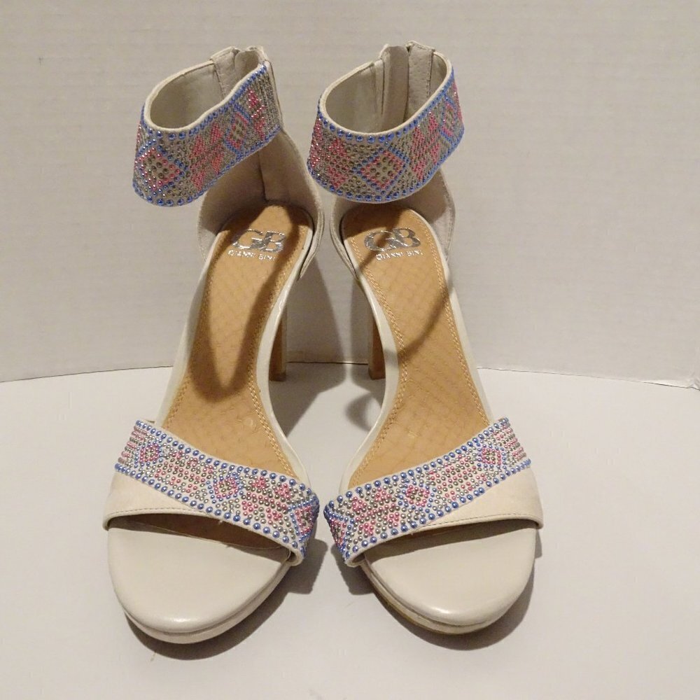 GIANNI BINI Cream Multicolor Beaded Heels Sandals Ankle Strap Size 8 Open Toe